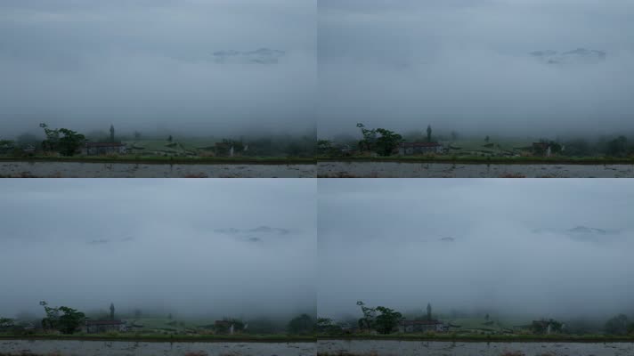 山顶上的农村村落大山云雾缭绕
