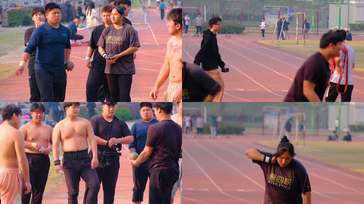 大学生运动会学生运动员在训练扔铅球体育运