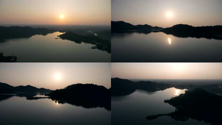 夕阳下湖光山色航拍