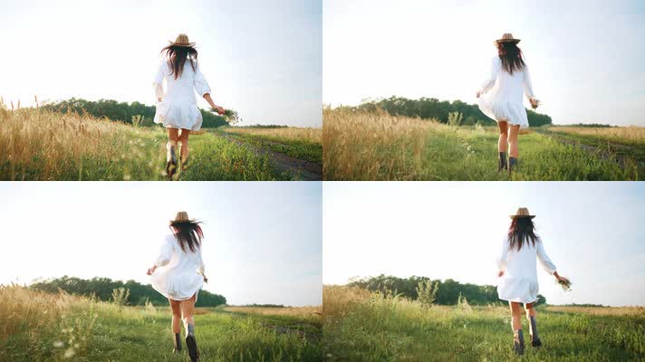 女孩美丽背影、夏天穿白色连衣裙的年轻女孩