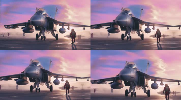 4k战斗机与飞行员夕阳唯美创意素材