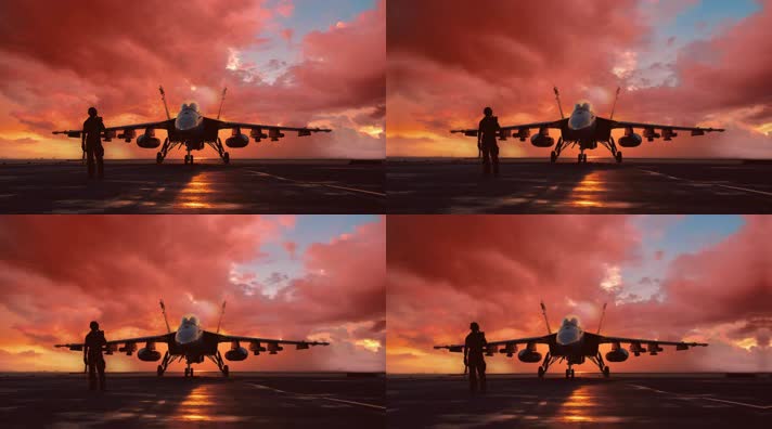 4k战斗机与飞行员夕阳唯美创意素材