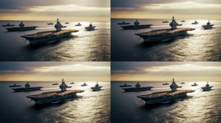 4k航空母舰舰队海洋航行夕阳唯美创意