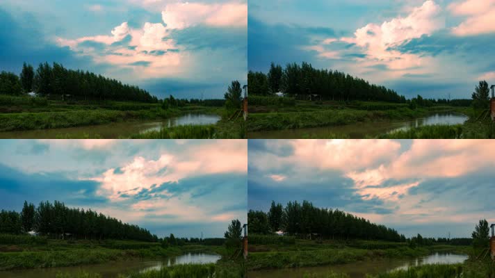 河边延时摄影傍晚的彩云河水流淌草树木