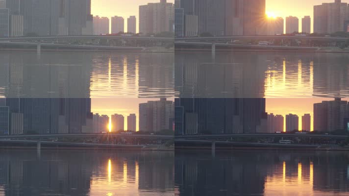 浑河岸边建筑群中的日落