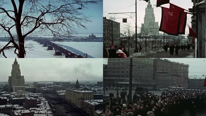 40年代冬季莫斯科河红场街头人群商铺