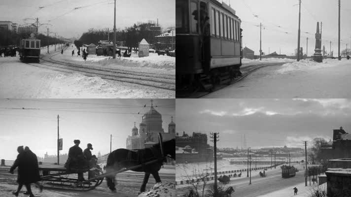 30年代冬季积雪莫斯科红场街头人群