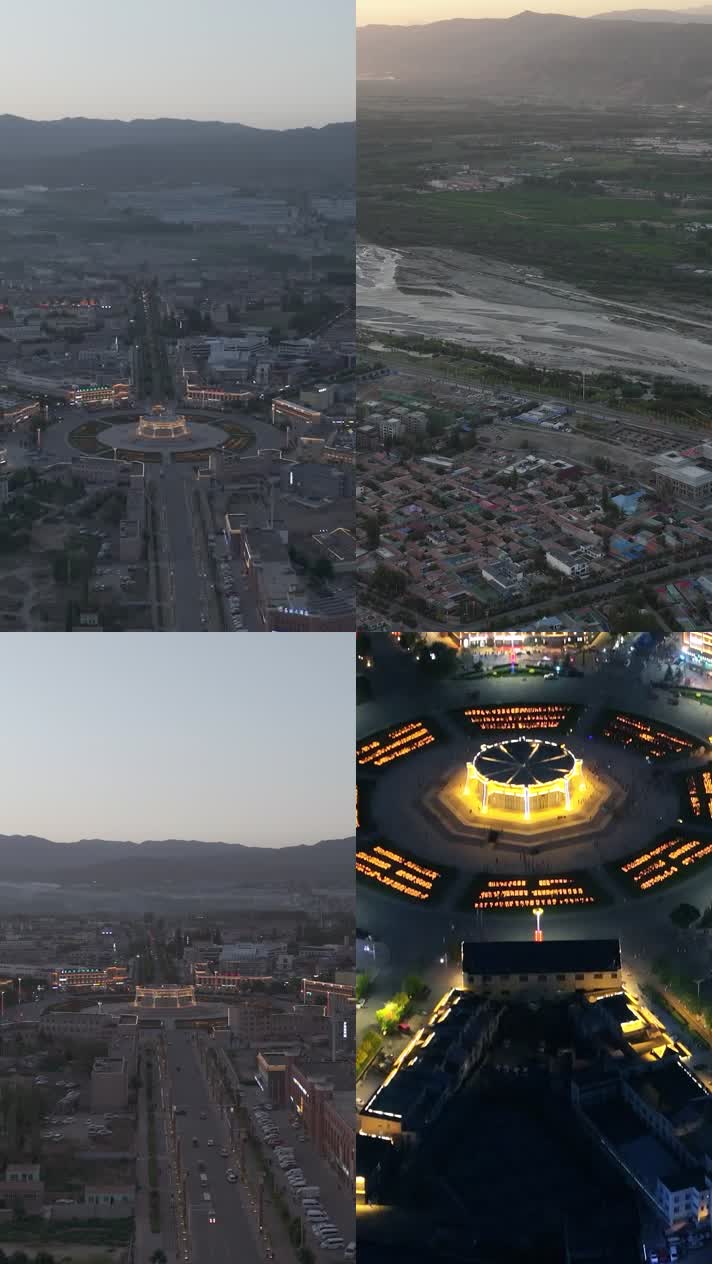 高清竖屏航拍新疆阿勒泰布尔津县城日转夜