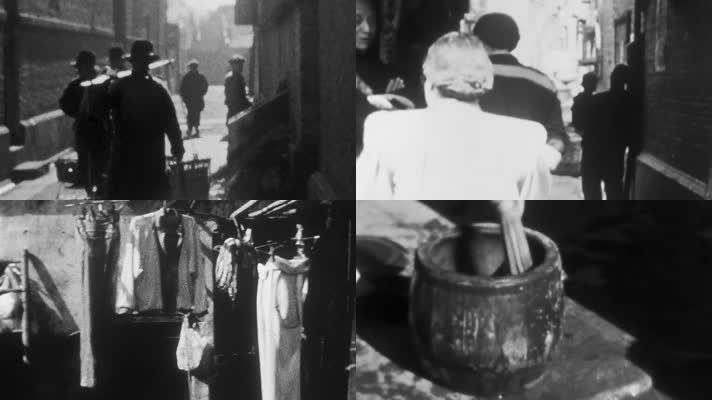 民国上海弄堂街头清晨早点刷马桶晾衣杆