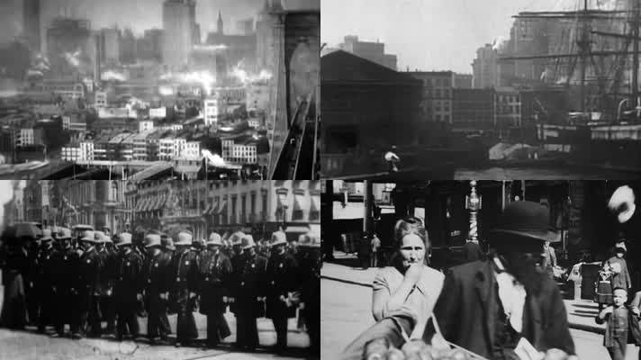 30年代纽约繁华城市街道人群建筑交通