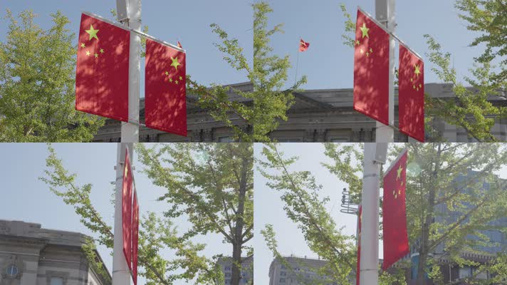 国庆节街边装饰的国旗