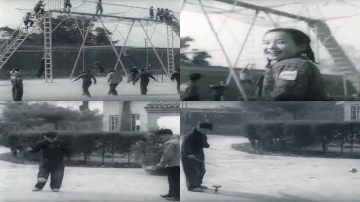 50年代学校学生课间活动跳绳影像