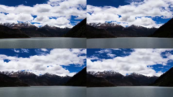 延时拍摄湖边雪山上的蓝天白云
