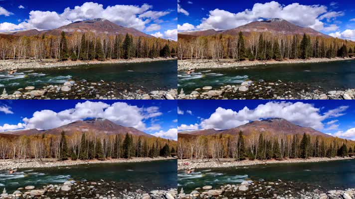 延时拍摄新疆美丽秋景河流湖泊与森林