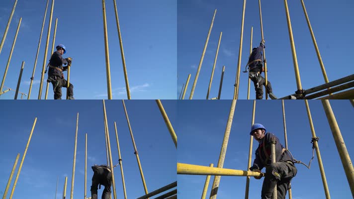 建筑施工 工人搭建脚手架 工地建设