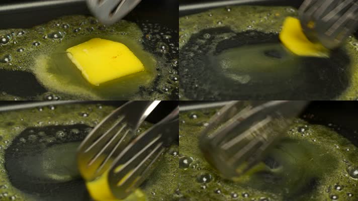 黄油块在平底锅里融化4K