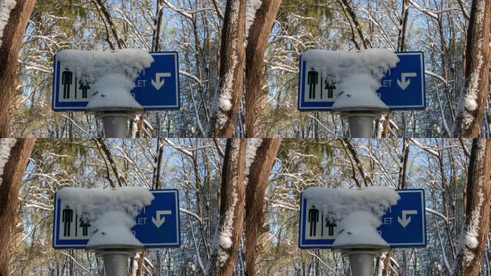 初冬雪后树木公厕卫生间指示牌覆盖冰雪