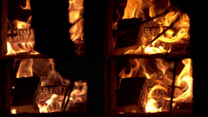 往燃烧的木炭篝火柴火添柴