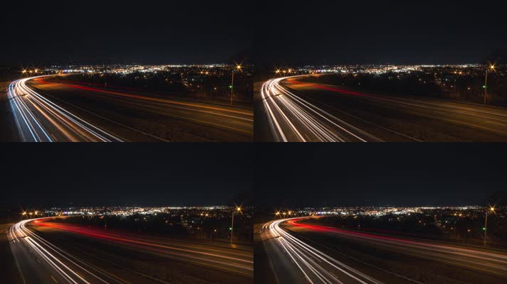 延时拍摄夜晚的车辆连成光线色线
