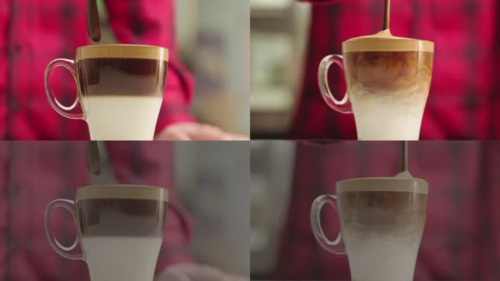 4k实拍汤勺搅拌咖啡牛奶