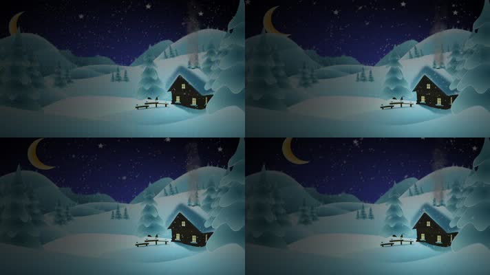 卡通动画下大雪的小屋