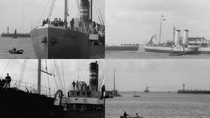 20年代欧洲英国码头老式蒸汽货轮航行