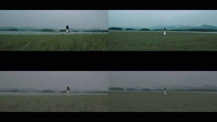 白衣女孩走在广阔的绿洲草原上