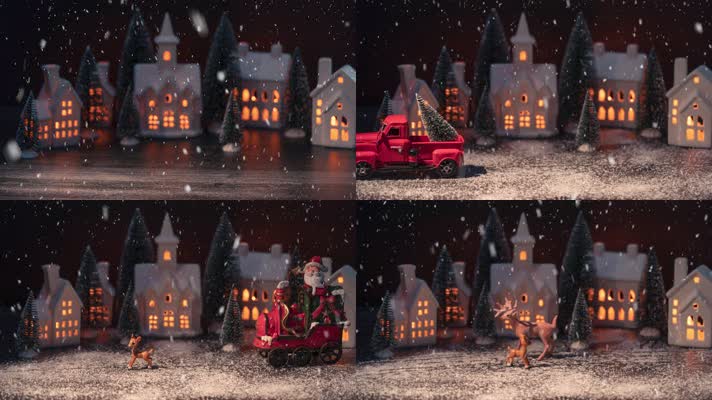 动画卡通圣诞节下雪城堡前圣诞老人和鹿走过