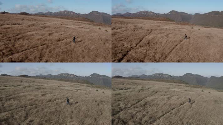 航拍秋日男人独自走在山坡的草地上