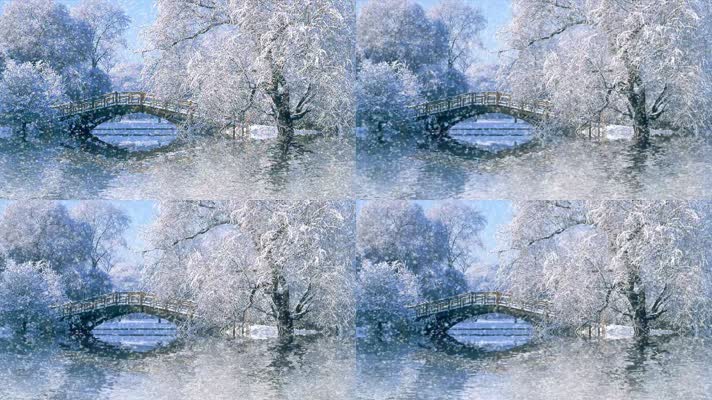 中国风江南小桥树木被白色雪花覆盖冬季