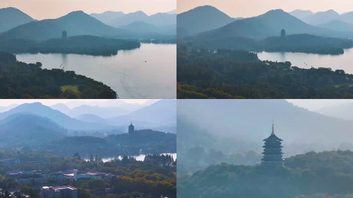 西湖雷峰塔景区大自然风光群山航拍杭州风景