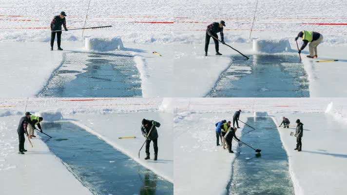 冬泳开冰清理泳池东北冬季