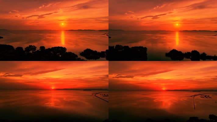 红彤彤夕阳下的湖泊