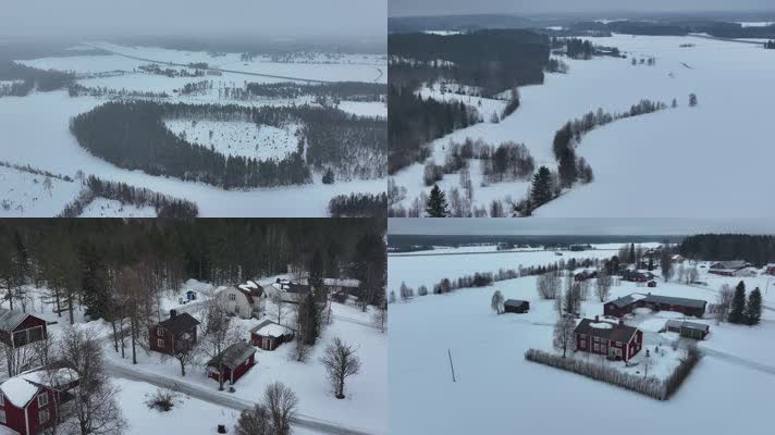 航拍北欧E4公路村庄雪景