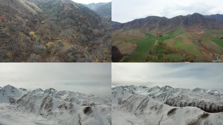 新疆风景4K航拍实拍野核桃沟，那拉提，雪山，库尔德宁