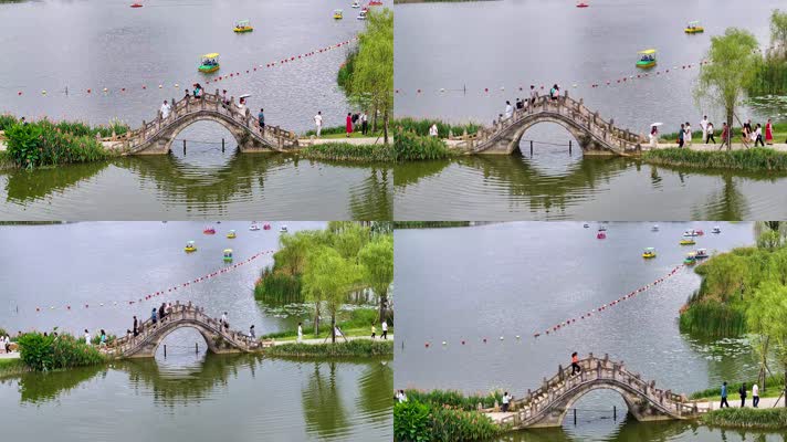 4k航拍南方小桥流水 游客桥上游览